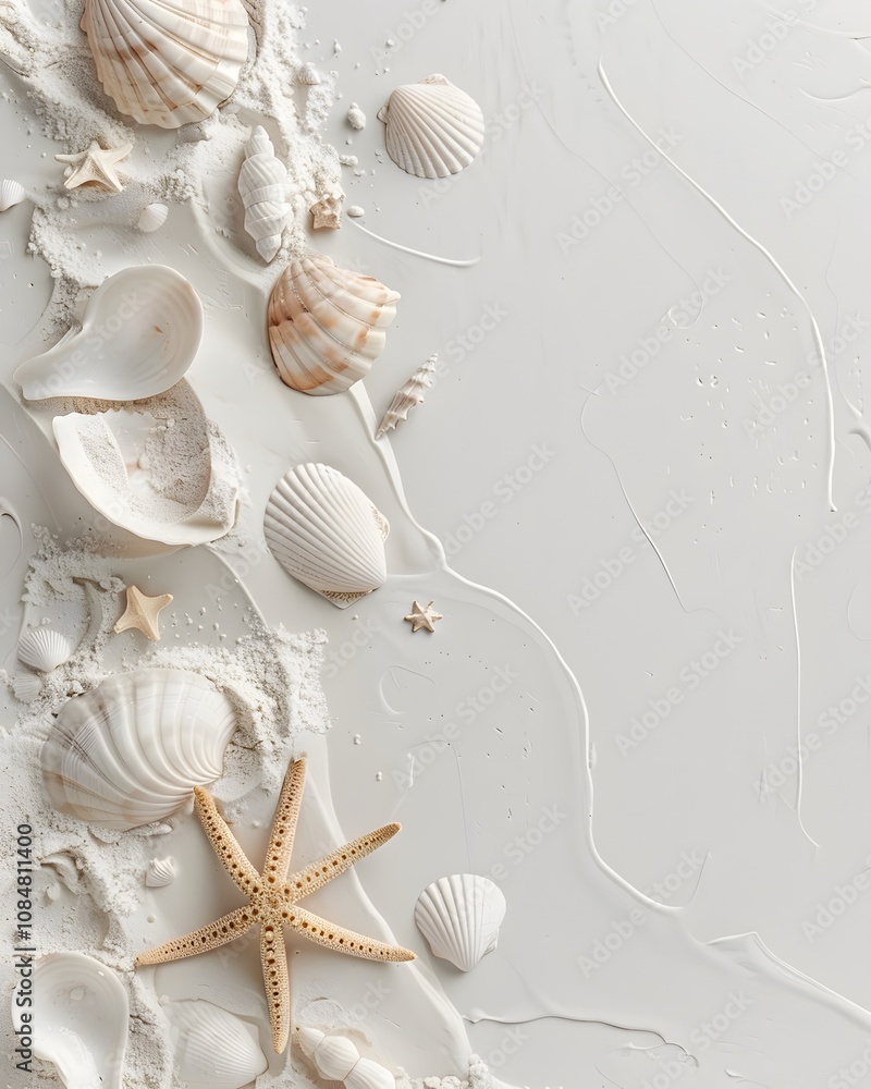 A serene arrangement of seashells and sand on a light background, evoking a beach vibe. A serene arrangement of seashells and sand on a light background, evoking a beach vibe.