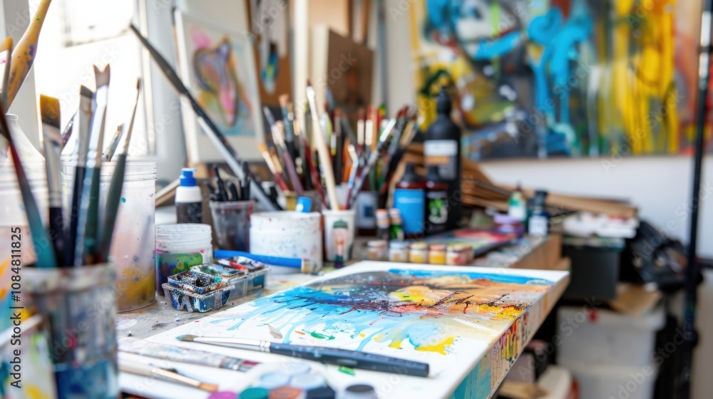 A digital artist's studio with creative tools and vibrant artworks, Creative scene, Digital artistry style A digital artist's studio with creative tools and vibrant artworks, Creative scene, Digital artistry style