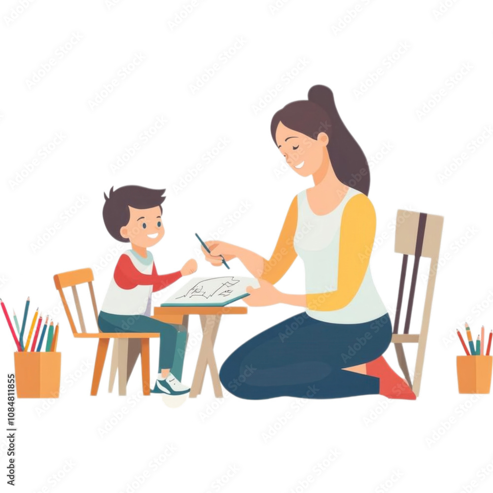 A mother and child engage in creative activities at a small table, filled with art supplies, fostering learning and bonding. A mother and child engage in creative activities at a small table, filled with art supplies, fostering learning and bonding.