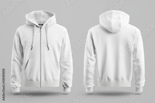 Men's white zip front hoodie mockup with young male model front and back views zipper closed hood down good style and fit on dark gray background stylish with copy space mens womens