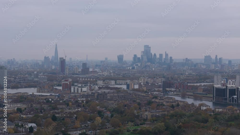 Aerial view of the London skyline in the distance on bright day Aerial view of the London skyline in the distance on bright day
