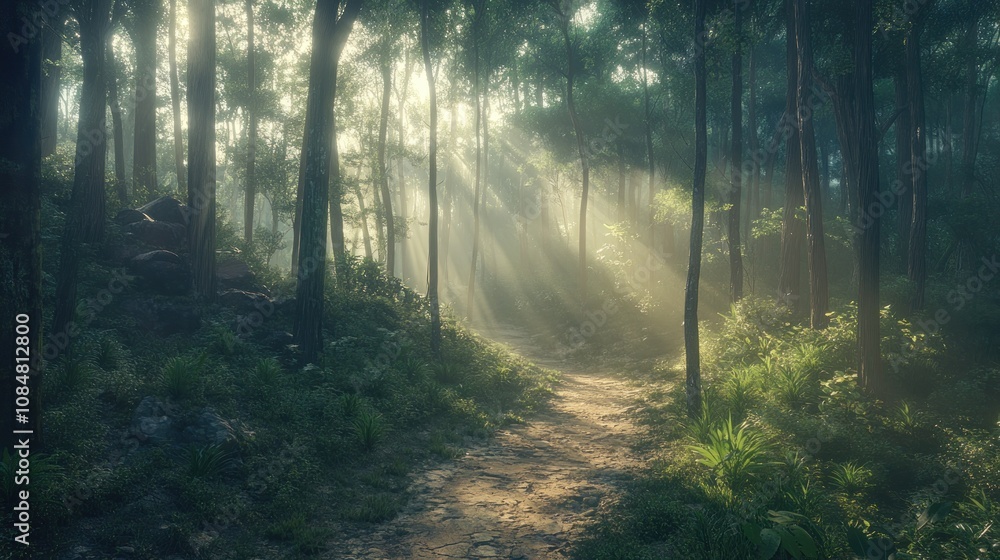 A serene forest path illuminated by soft rays of sunlight filtering through the trees. A serene forest path illuminated by soft rays of sunlight filtering through the trees.