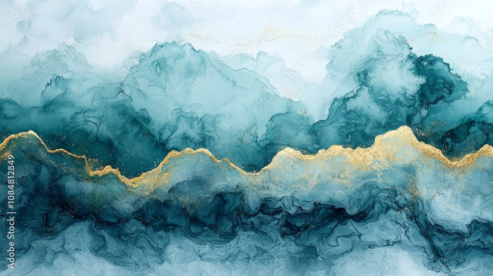 Abstract fluid art featuring blue and green tones with gold accents. Abstract fluid art featuring blue and green tones with gold accents.