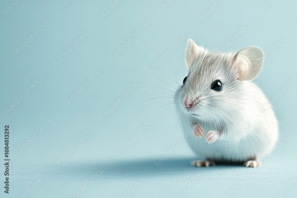 A cute white mouse with large ears and expressive eyes, posed against a soft blue background. A cute white mouse with large ears and expressive eyes, posed against a soft blue background.