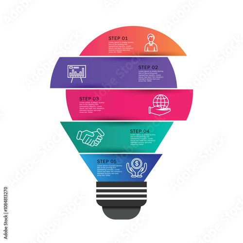 Modern colourful light bulb infographics. Business start up idea lamp concept with 5 options, parts, steps or processes