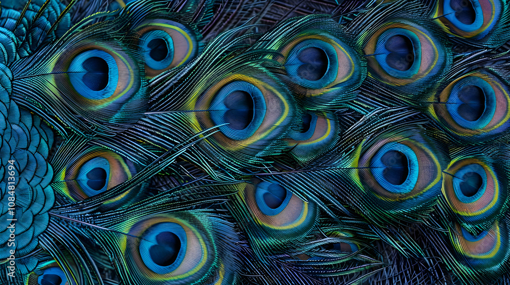 Obraz premium A Close-Up View of the Vibrant Blue, Green, and Yellow Colors of a Peacock's Feathers with Detailed Eye Patterns