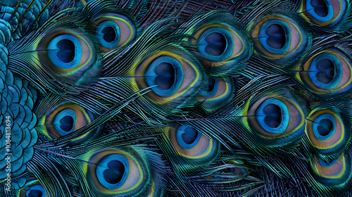 A Close-Up View of the Vibrant Blue, Green, and Yellow Colors of a Peacock's Feathers with Detailed Eye Patterns