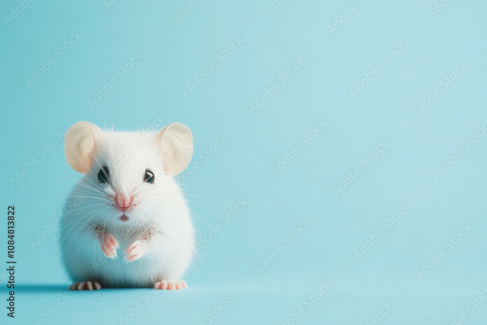 A cute white mouse with large ears on a light blue background. A cute white mouse with large ears on a light blue background.