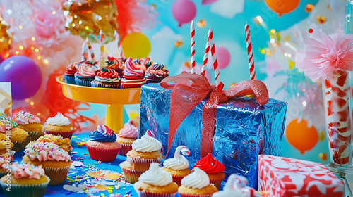 A festive scene with wrapped gifts displayed on a table, surrounded by party supplies like noise makers and cupcakes  photo