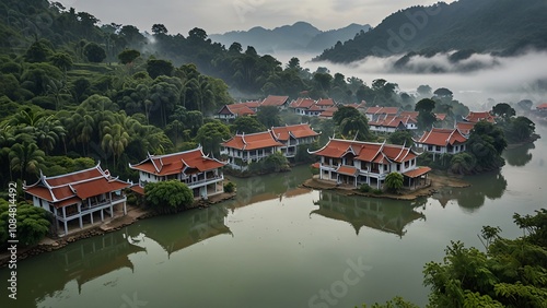 Misty Mountain River Houses Asian Architecture Reflection