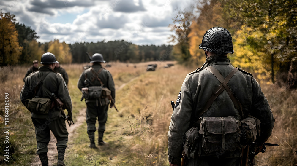 A Group of Soldiers in Uniform Walk Along a Path Through a Field, With a Forest in the Background A Group of Soldiers in Uniform Walk Along a Path Through a Field, With a Forest in the Background