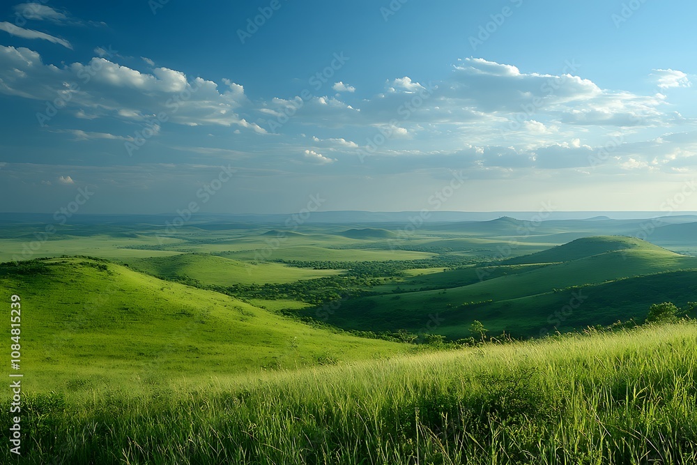Obraz premium Lush green hills under a bright sky with scattered clouds.