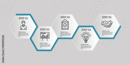 Infographic template with 5 hexagons with line icons, process chart, creative business infographics
