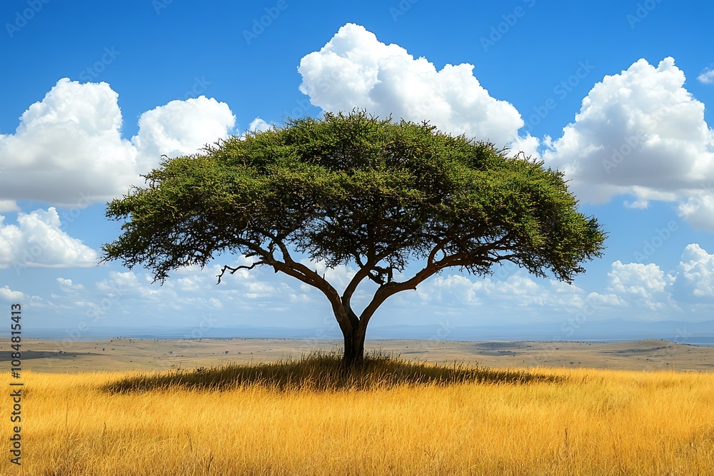 A solitary tree stands in a golden grassland under a blue sky. A solitary tree stands in a golden grassland under a blue sky.