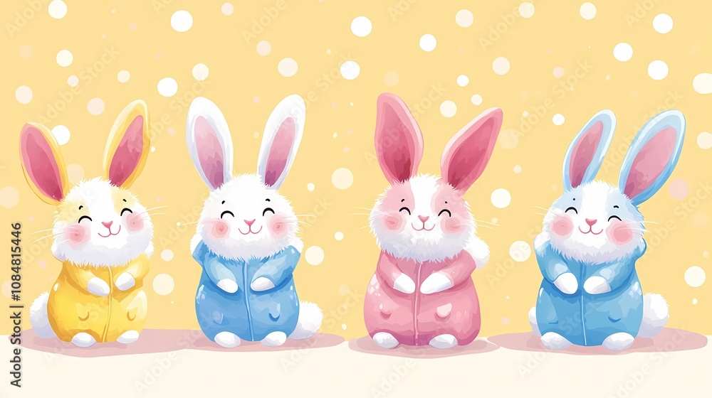 Four cute cartoon rabbits in colorful outfits against a pastel background. Four cute cartoon rabbits in colorful outfits against a pastel background.