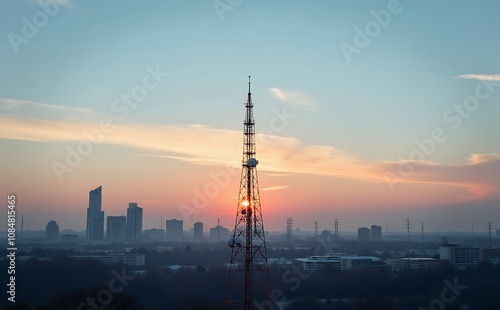 Telecommunication tower on the background of the city at sunset. photo