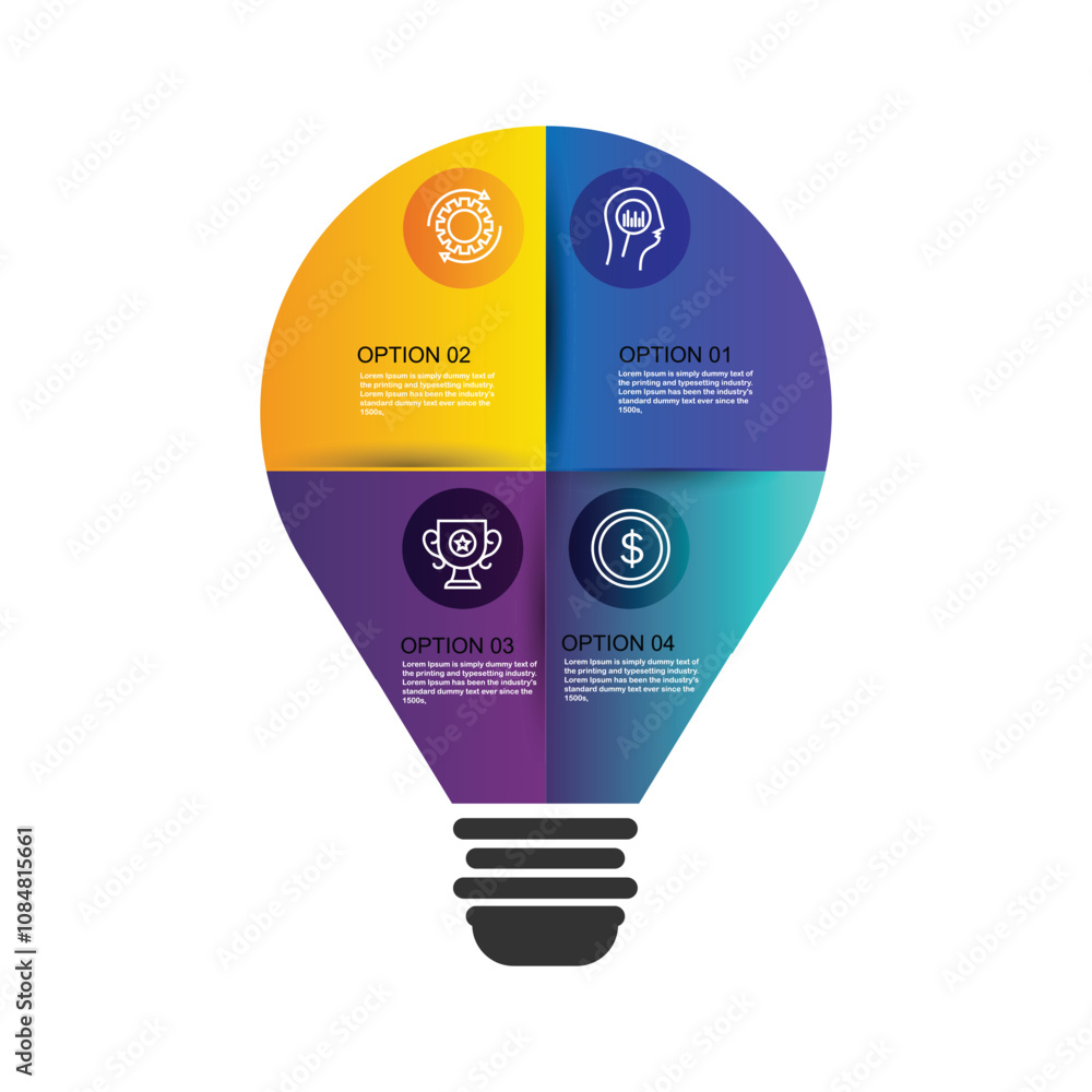 Modern colourful light bulb infographics. Business start up idea lamp concept with 4 options, parts, steps or processes