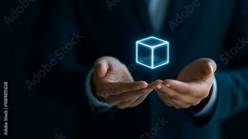 A businessman holds a holographic cube, representing innovation and digital transformation in a modern workspace, emphasizing futuristic concepts.