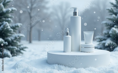 Winter Skincare: White Cosmetic Bottles on Snowy Platform. photo