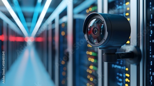 A close-up of a security camera monitoring a modern data center filled with server racks, showcasing advanced technology in a high-tech environment.