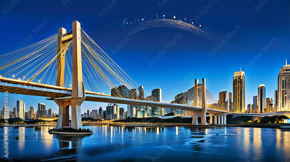 Fototapeta premium Sao Paulo Brazil Ponte Estaiada Bridge Illustration Panoramic at night