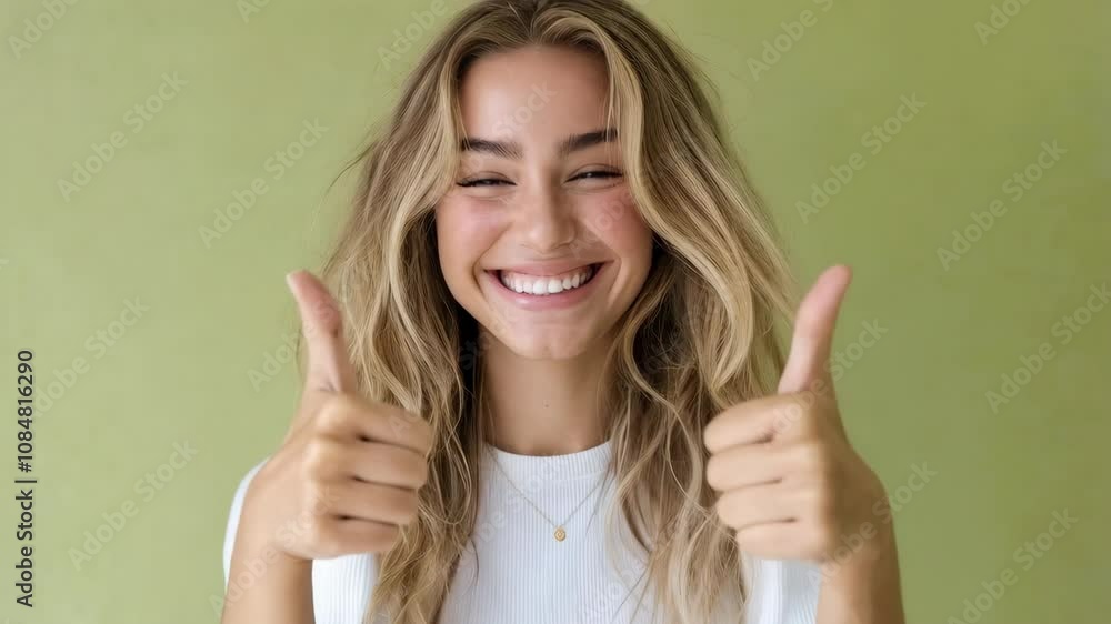A smiling young woman giving two thumbs up against a green background. A smiling young woman giving two thumbs up against a green background.