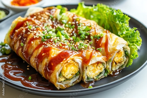 Egg roll on a plate on white background, close up