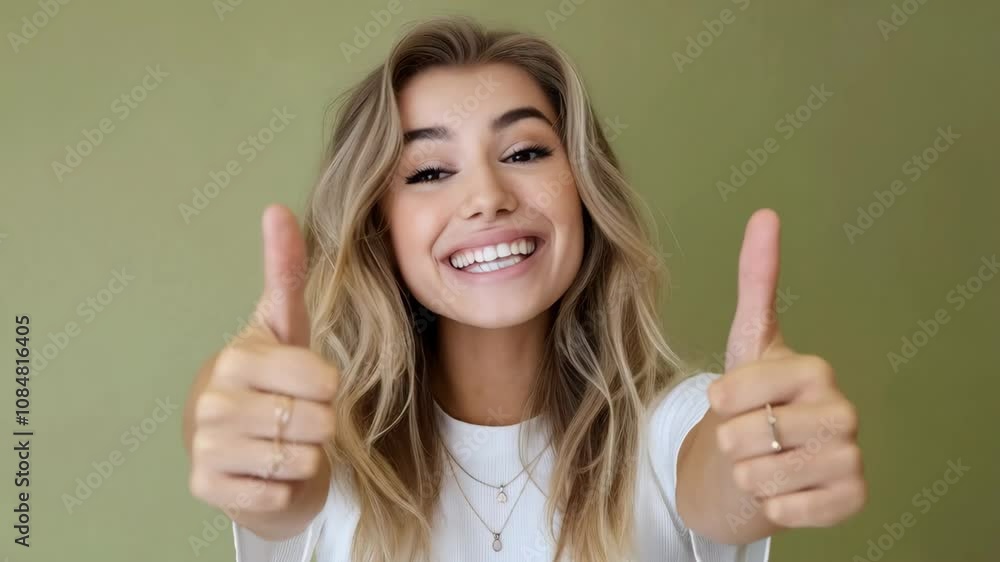 A smiling woman giving two thumbs up, expressing positivity and enthusiasm. A smiling woman giving two thumbs up, expressing positivity and enthusiasm.