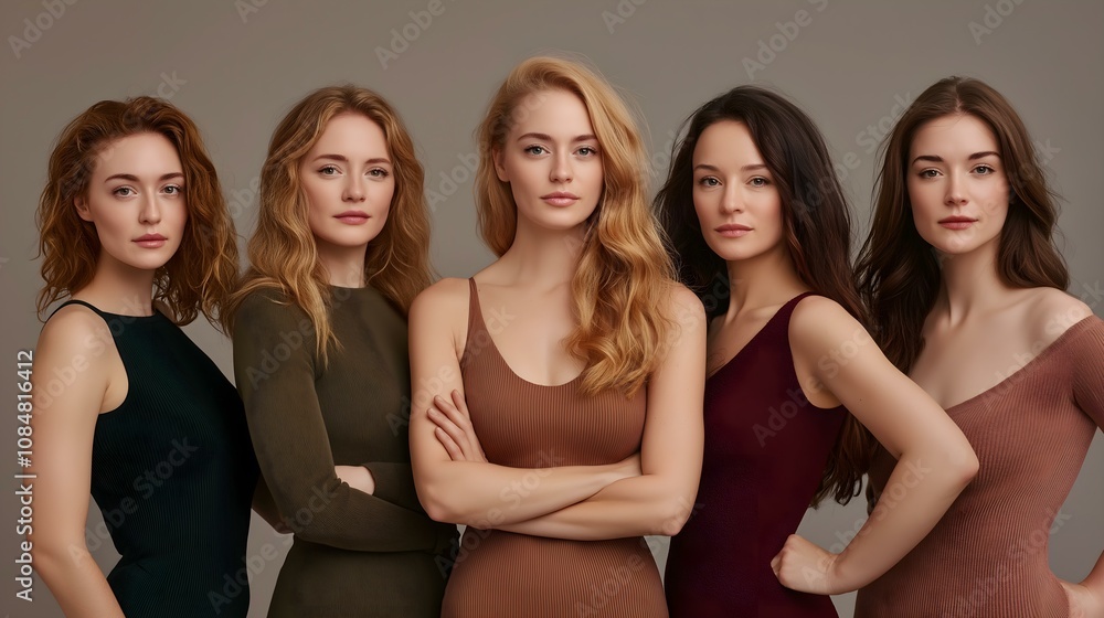 A diverse group of five women poses confidently, showcasing strength and unity. Their expressions reflect individuality and a sense of community. A diverse group of five women poses confidently, showcasing strength and unity. Their expressions reflect individuality and a sense of community.