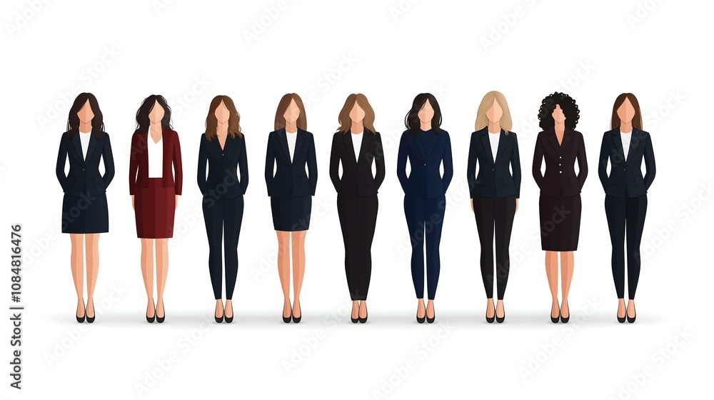 Obraz premium A diverse group of professional women in tailored suits standing in a line. They represent unity and empowerment in the workplace.