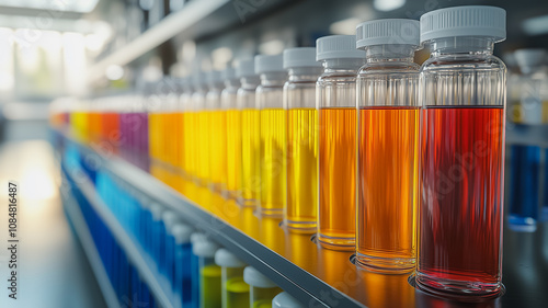 A row of colorful bottles of liquid on a shelf. The bottles are lined up in a rainbow pattern, with the colors ranging from blue to red. The bottles are all clear and have white lids photo