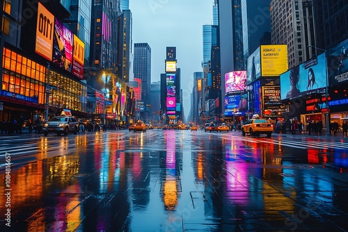 Vibrant cityscape reflecting lights after rain in urban setting.