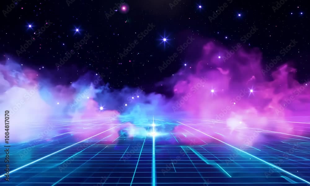 Synthwave vaporwave retrowave cyber background with copy space, laser grid, starry sky, blue and purple glows with smoke and particles Synthwave vaporwave retrowave cyber background with copy space, laser grid, starry sky, blue and purple glows with smoke and particles