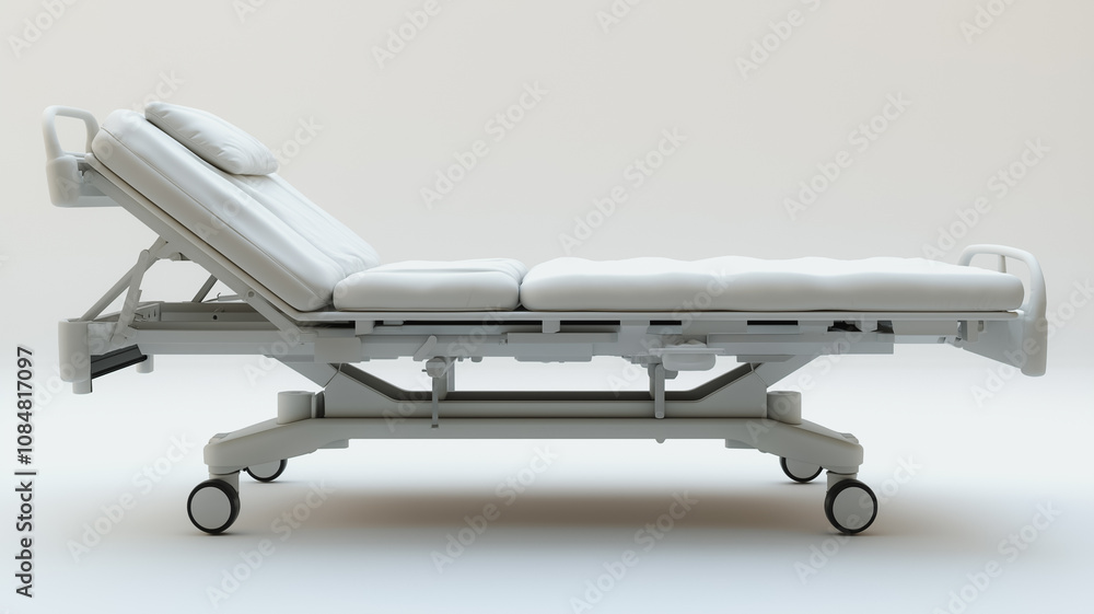 A hospital bed with a white sheet and a pillow is placed in a white room. The bed is designed for patients in a hospital setting, providing comfort and support during their stay A hospital bed with a white sheet and a pillow is placed in a white room. The bed is designed for patients in a hospital setting, providing comfort and support during their stay
