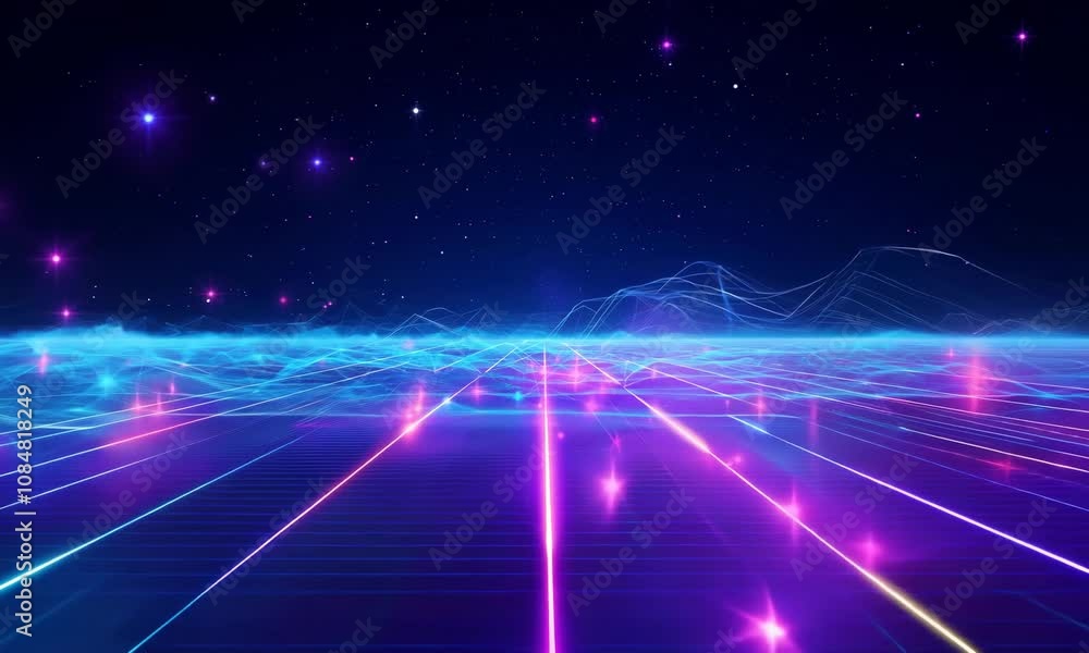 Synthwave vaporwave retrowave cyber background with copy space, laser grid, starry sky, blue and purple glows with smoke and particles Synthwave vaporwave retrowave cyber background with copy space, laser grid, starry sky, blue and purple glows with smoke and particles