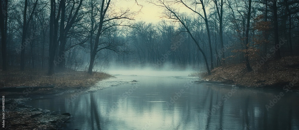 Fototapeta premium A mystical forest river shrouded in mist.