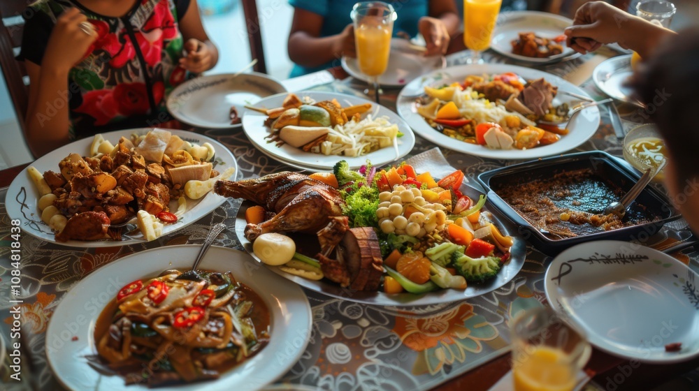 A family meal with diverse cuisines on a dining table, Culinary scene, Cultural fusion style A family meal with diverse cuisines on a dining table, Culinary scene, Cultural fusion style