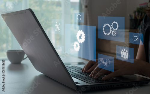 Data integration concept, data system technology, integration icon with gears. Businessman use laptop with virtual system integration technology. Industrial and smart business and automation solution.