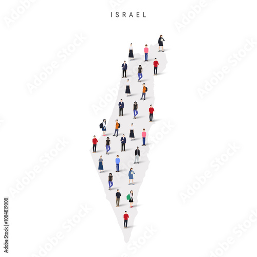 Israel population map. Large group of realistic a diverse crowd of people figures in a shape of Israeli map. Flat vector illustration isolated on white.