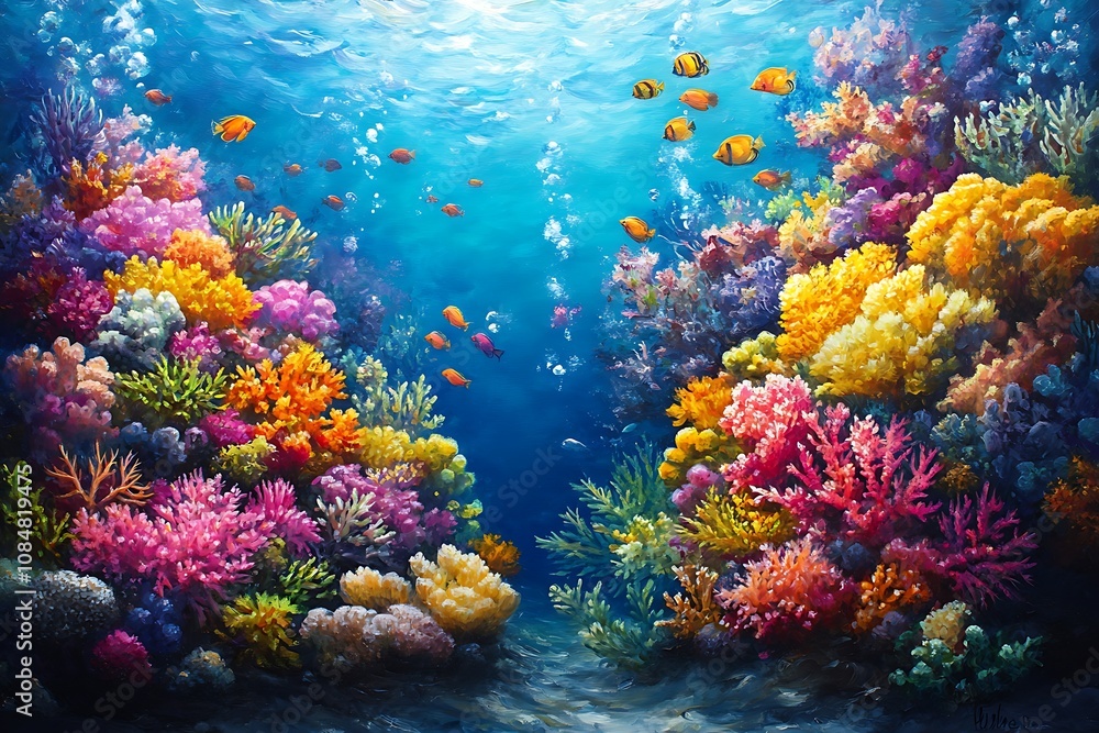 Naklejka premium Vibrant underwater scene with colorful coral reefs and fish.