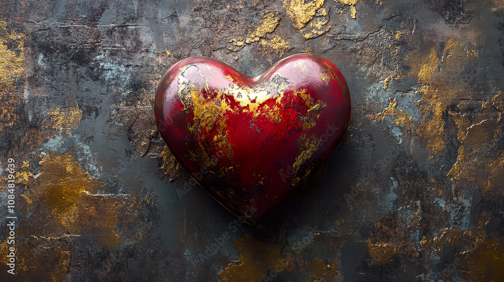 weathered red heart with gold accents on textured weathered red heart with gold accents on textured