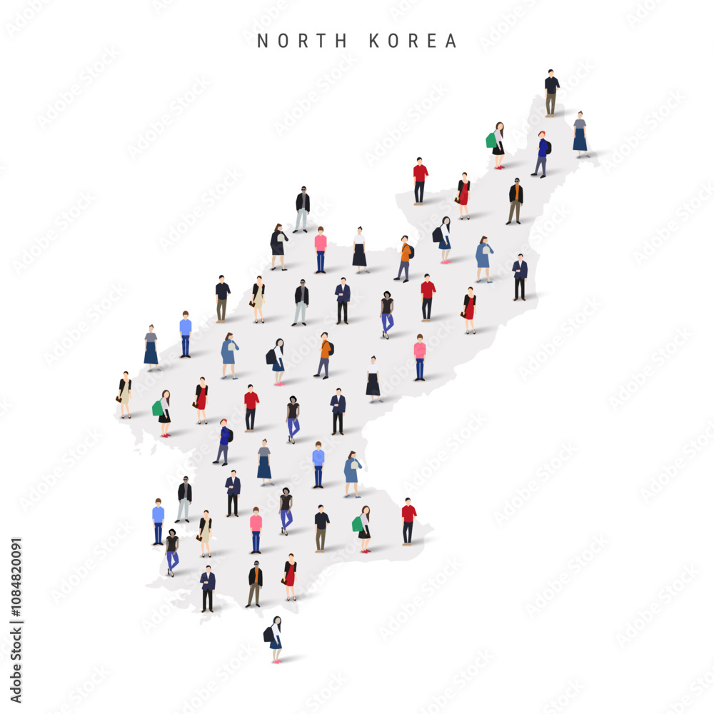 North Korea population map. Large group of realistic a diverse crowd of people figures in a shape of Juche map. Flat vector illustration isolated on white. North Korea population map. Large group of realistic a diverse crowd of people figures in a shape of Juche map. Flat vector illustration isolated on white.