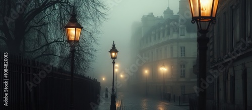 Fototapeta Naklejka Na Ścianę i Meble -  A foggy street with lit street lamps and tall buildings.