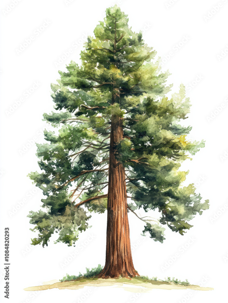 Watercolor illustration of towering redwood tree with lush green foliage, showcasing its majestic height and natural beauty