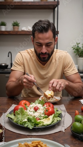 Man eating vegetable salad at a dining table