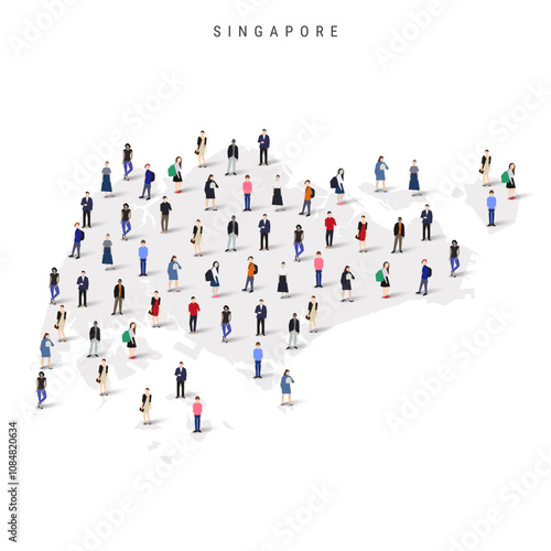 Singapore population map. Large group of realistic a diverse crowd of people figures in a shape of Singaporean map. Flat vector illustration isolated on white.