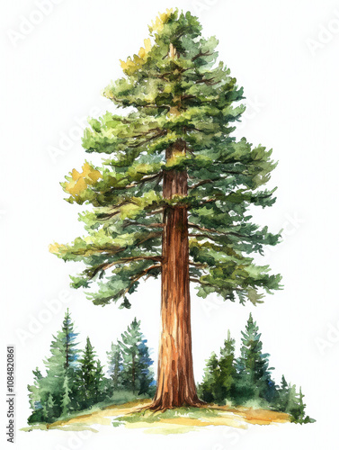 Watercolor illustration of towering redwood tree surrounded by greenery, showcasing its majestic height and vibrant foliage