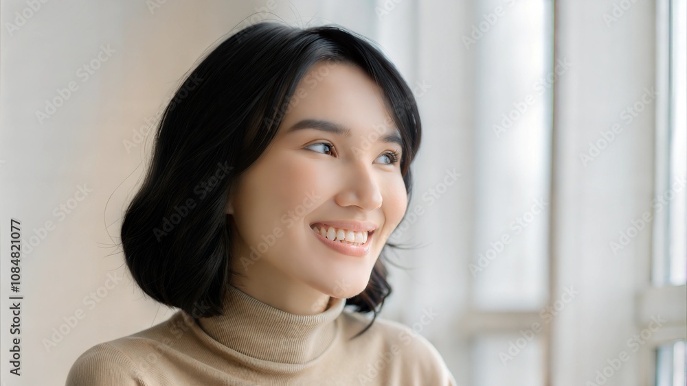 Portrait of a Smiling Young Woman in Natural Light Wearing a Turtleneck Sweater Portrait of a Smiling Young Woman in Natural Light Wearing a Turtleneck Sweater