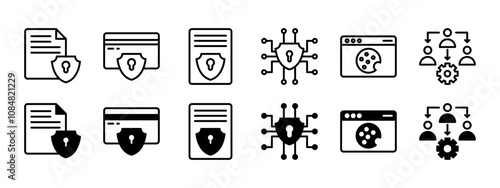 Privacy policy outline icon set. Containing data protection, secure payment, user consent, data encryption, cookie policy, no third-party sharing. Vector illustration