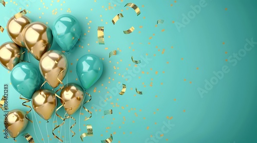 A festive scene featuring teal and gold balloons with confetti, perfect for celebrations and parties.